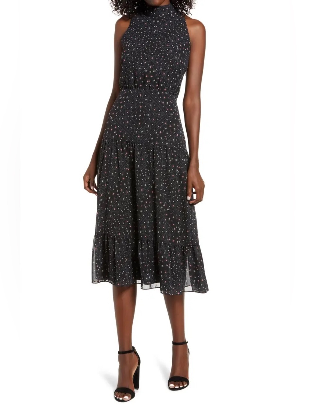 Sam Edelman Astro Floral High Neck Chiffon Midi Dress Black Size 12 SOLD OUT